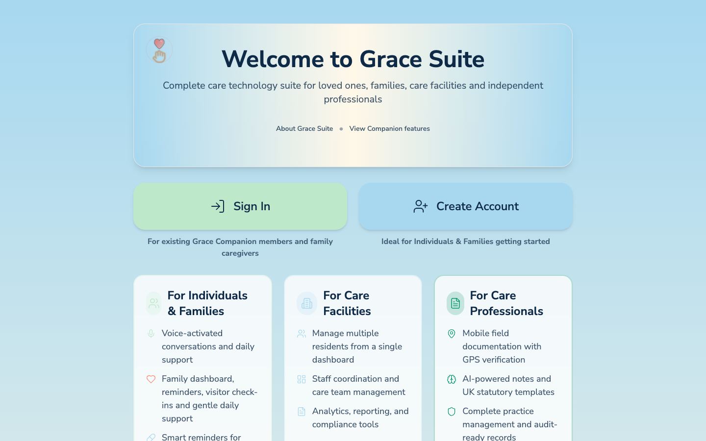 Grace Companion homepage showing care technology for families and care professionals