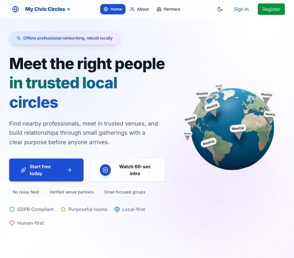 My Civic Circles homepage showing trusted local professional meetups
