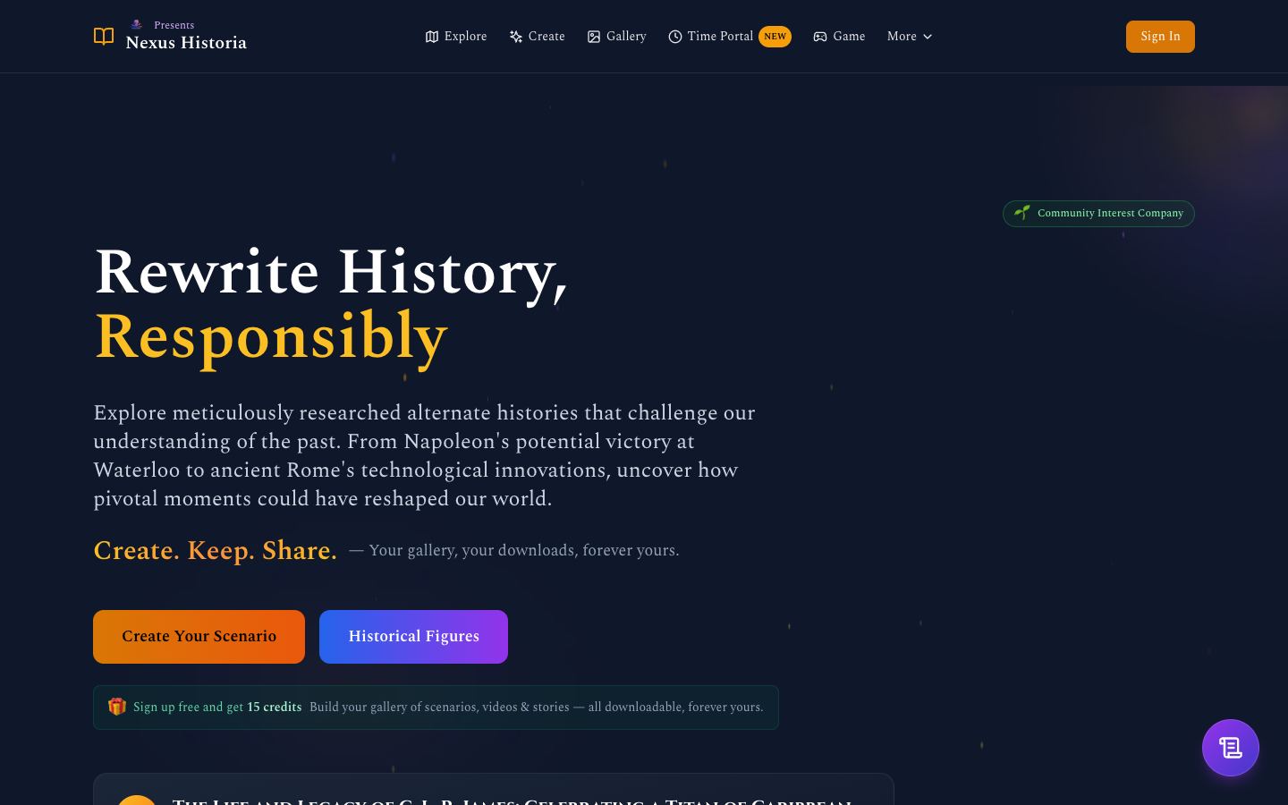 Nexus Historia homepage showing alternate history creation and exploration