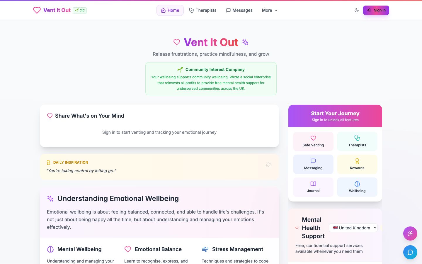 Vent It Out homepage showing emotional wellbeing tools and support routes